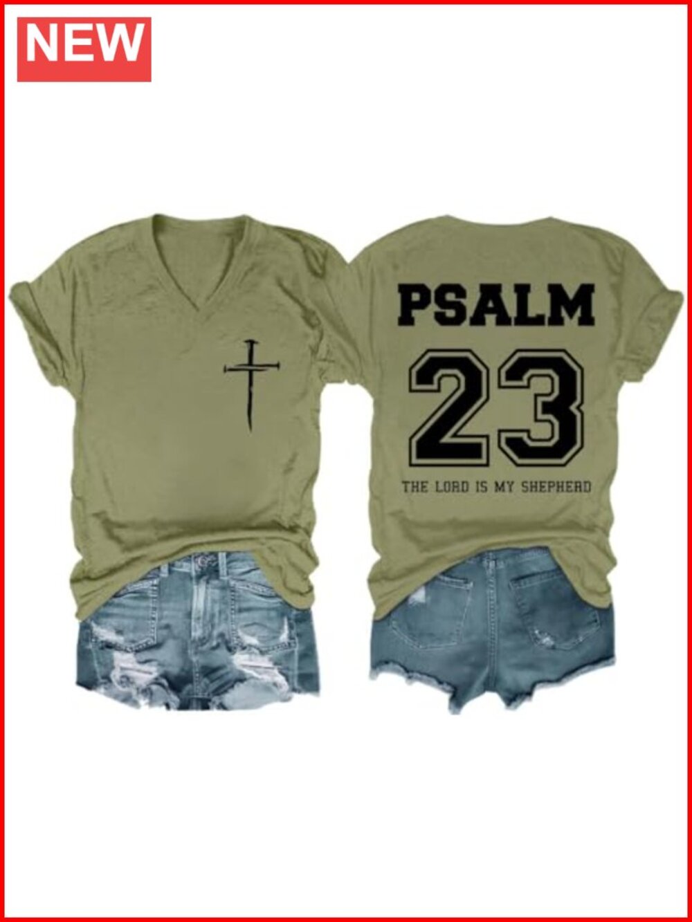 Psalm 23 Christian V-Neck T-Shirt Pure Cotton Unisex Short Sleeve Tee